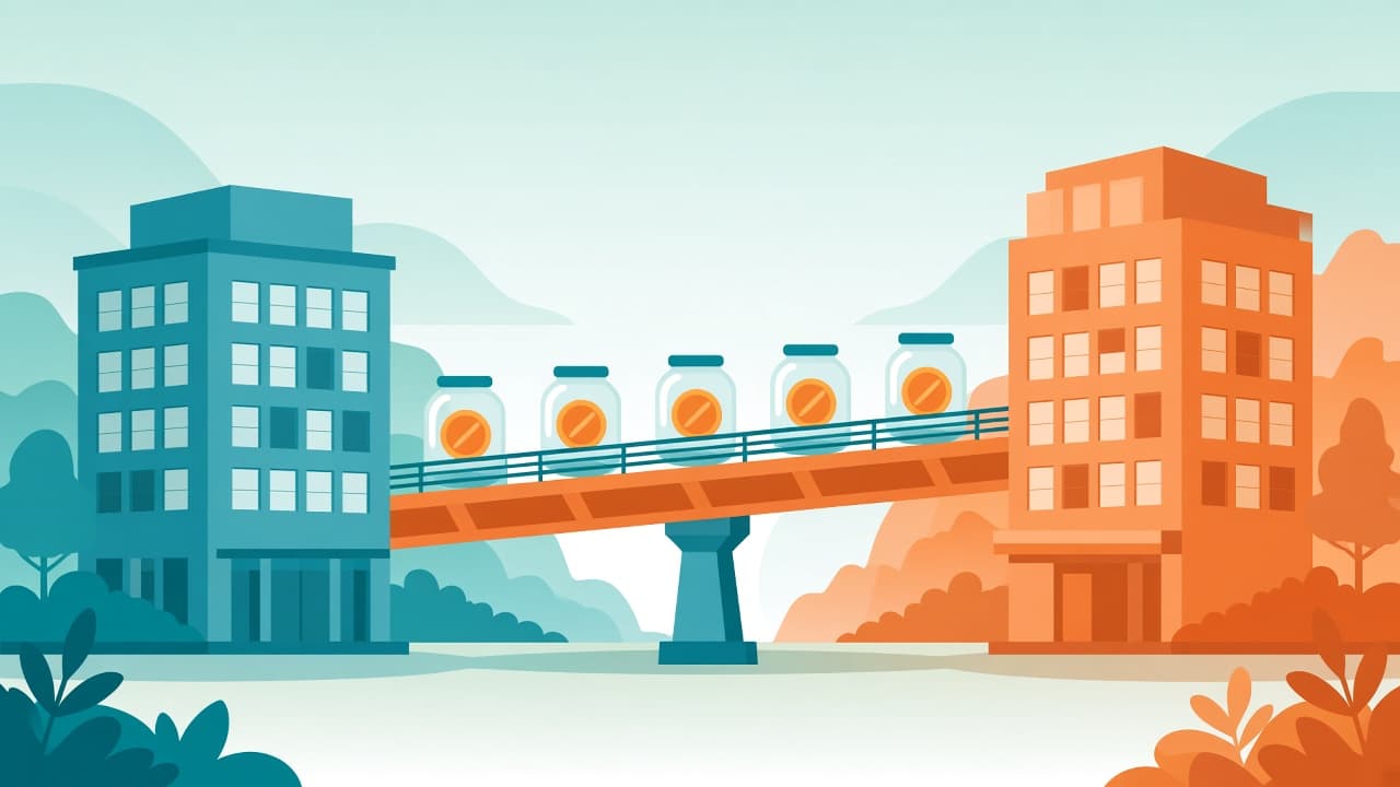 שני בניינים מחוברים בגשר שעליו עוברות צנצנות חיסכון (בעזרת AI)
