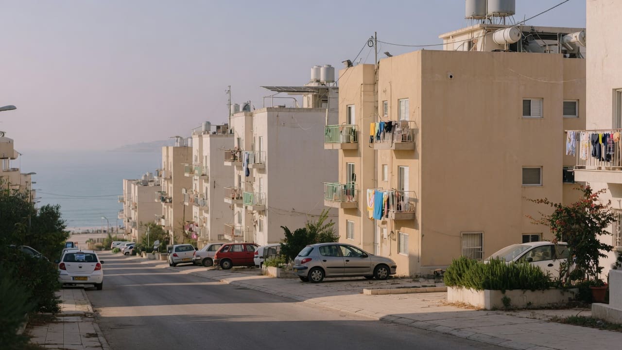 רחוב מגורים ריק בעיר חוף ישראלית, בנייני דירות באור אחר הצהריים, בלי אנשים ובלי מספרים (בעזרת AI)