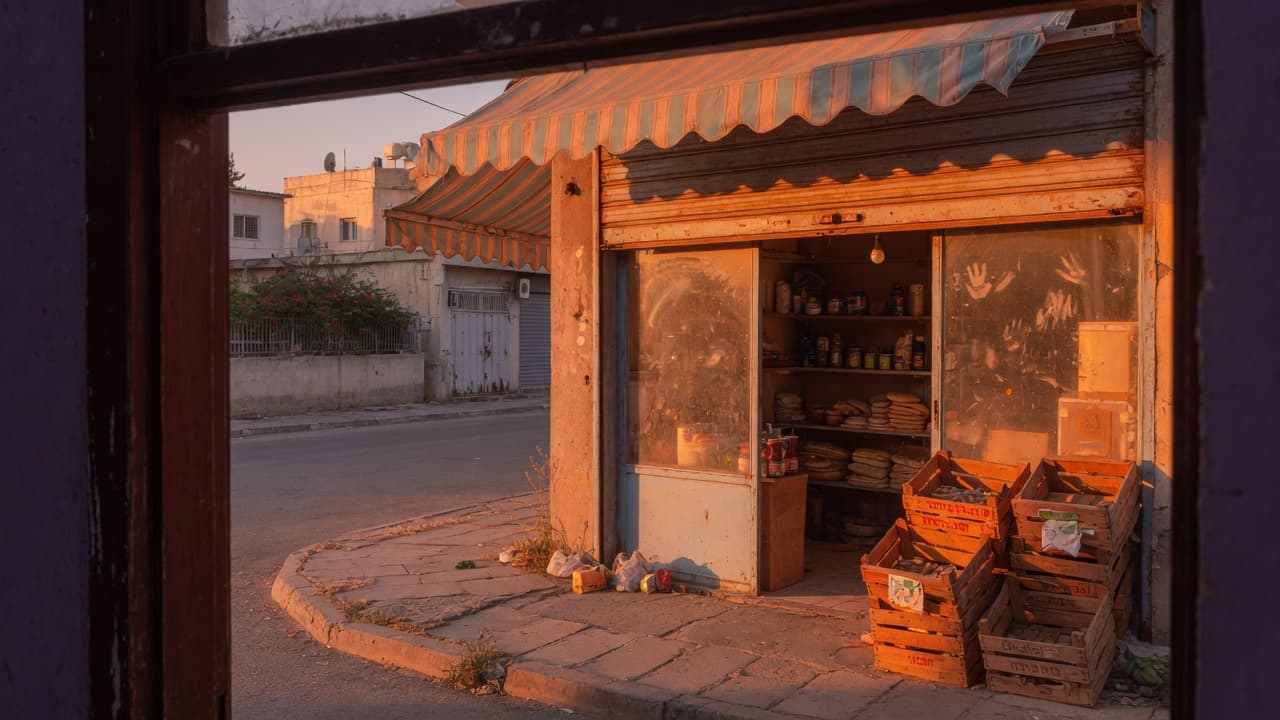 מבט מעל הכתף אל חנות סגורה ברחוב שקט בצפון, תריס חצי פתוח, בלי אנשים ובלי מספרים (בעזרת AI)