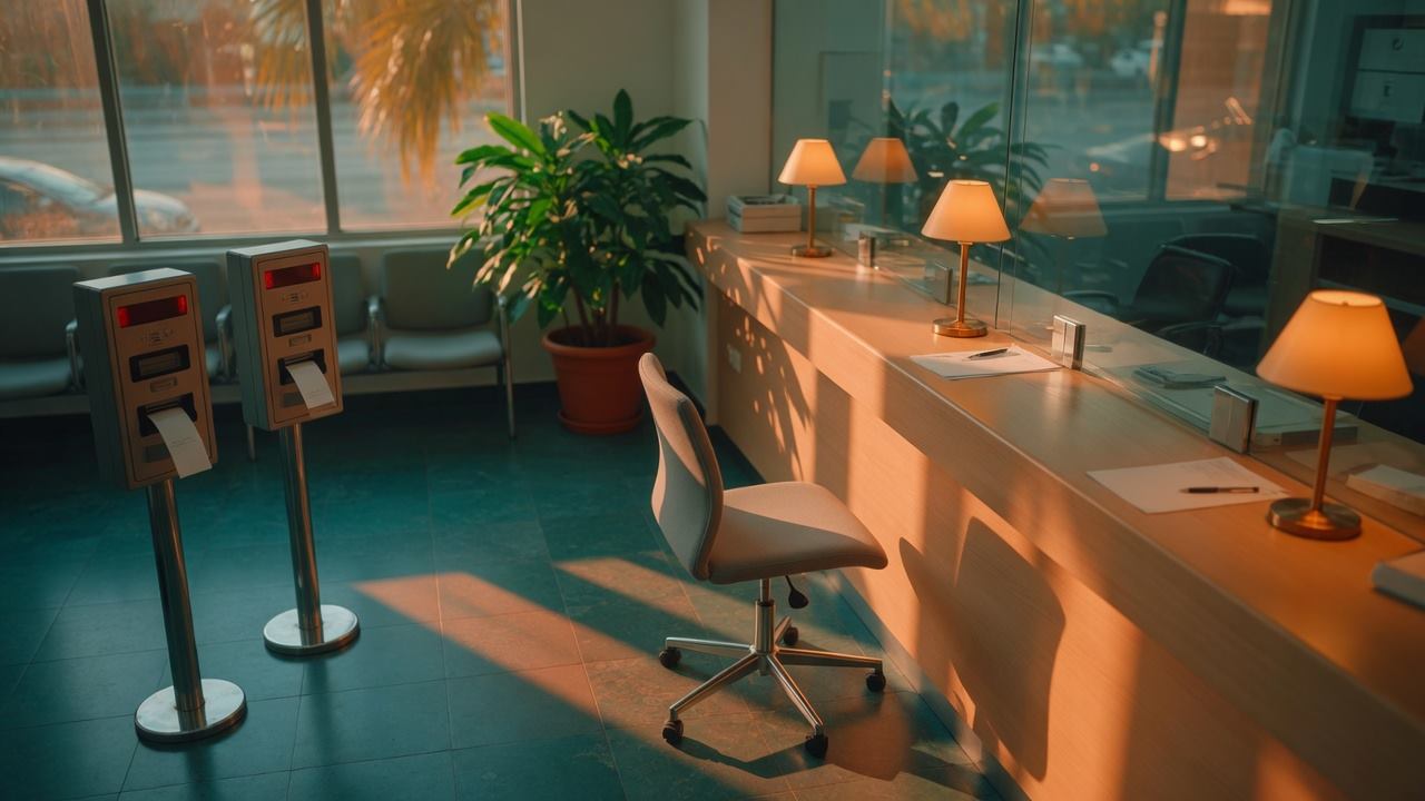 מבט באלכסון מלמעלה משמאל על סניף בנק ישראלי ריק, רצפת טורקיז ואור נחושת רווי, בלי אנשים ובלי מספרים (בעזרת AI)