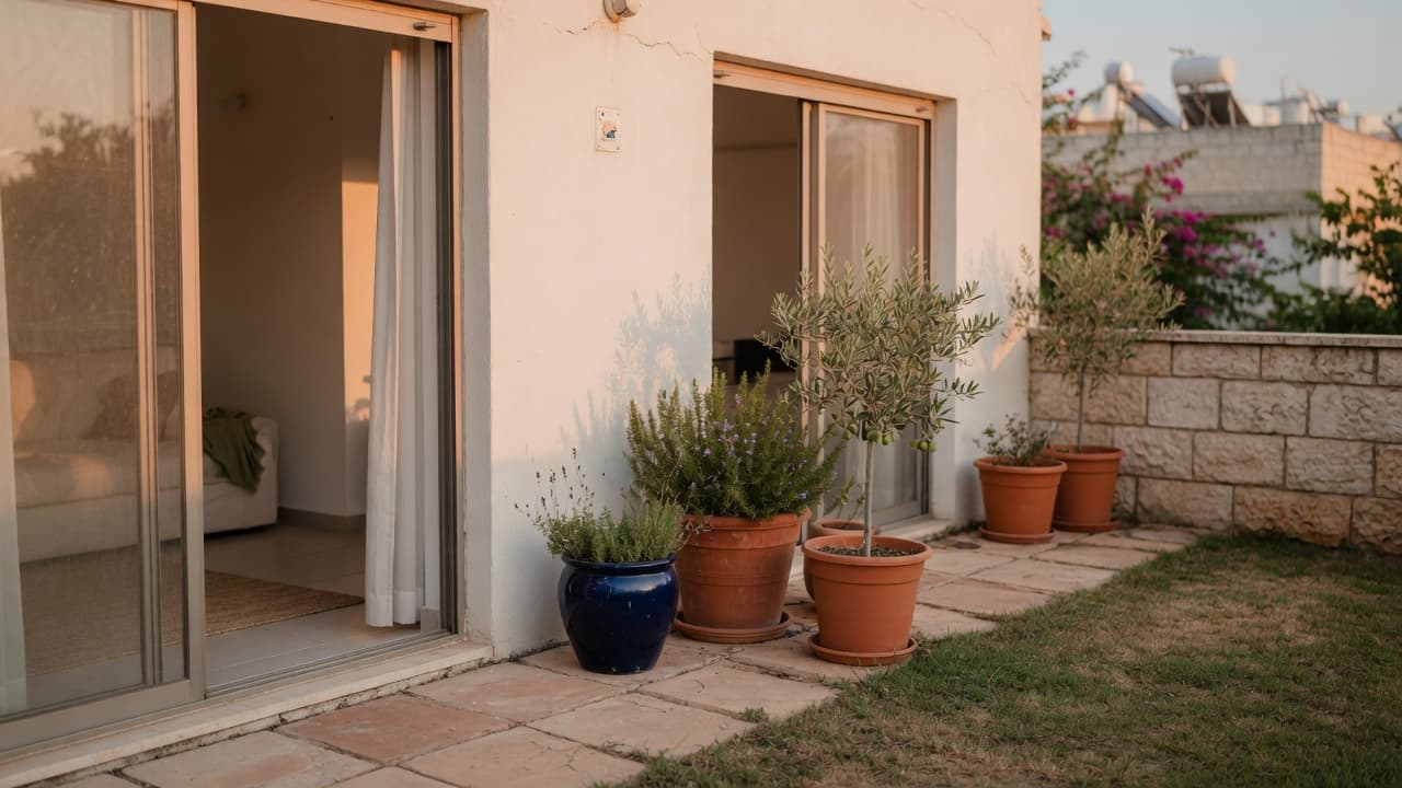 חצר פרטית ריקה של דירת גן בקומת קרקע, בלי אנשים ובלי מספרים (בעזרת AI)