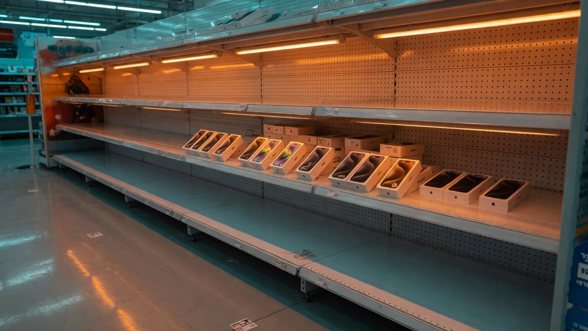 מבט מהצד בזווית שלושת־רבעי על מדף סלולר ריק בסופרמרקט, אור חם רווי, בלי אנשים ובלי מספרים (בעזרת AI)