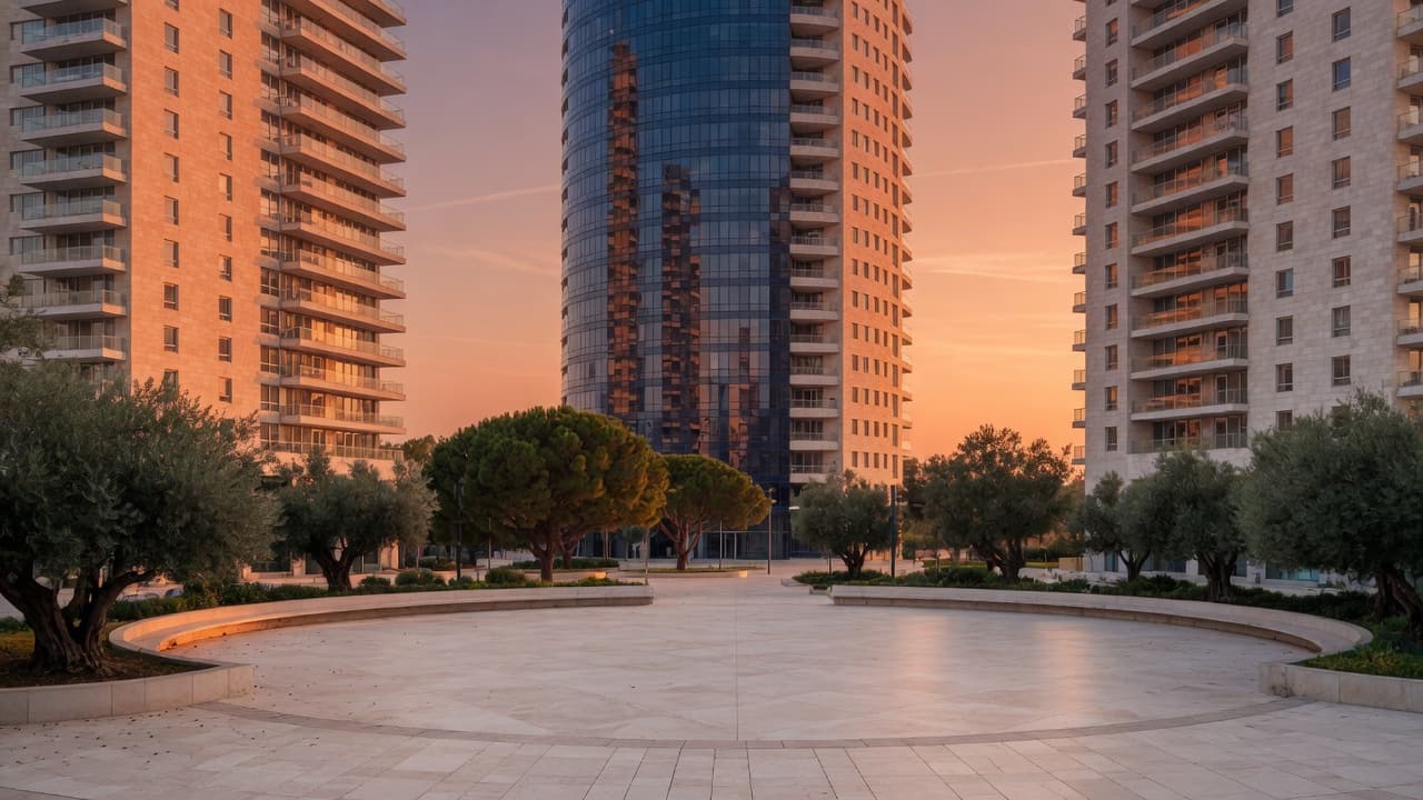 כיכר עגולה ריקה בתל אביב עם שלושה מגדלי מגורים מזכוכית ואבן בשעת בין ערביים, בלי אנשים ובלי מספרים (בעזרת AI)