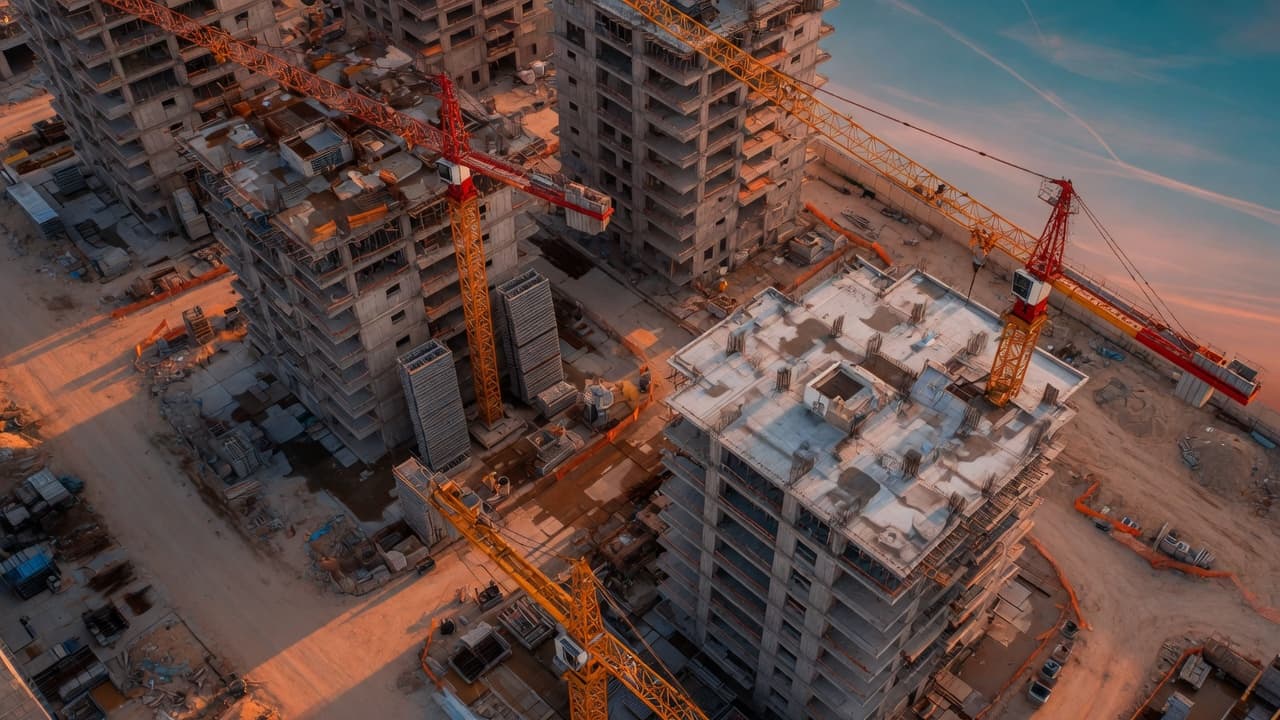 מבט באלכסון מלמעלה על אתר בנייה ישראלי עם מגדלים ומנופים, אור שקיעה נחושת וטורקיז רווי, בלי אנשים ובלי מספרים (בעזרת AI)