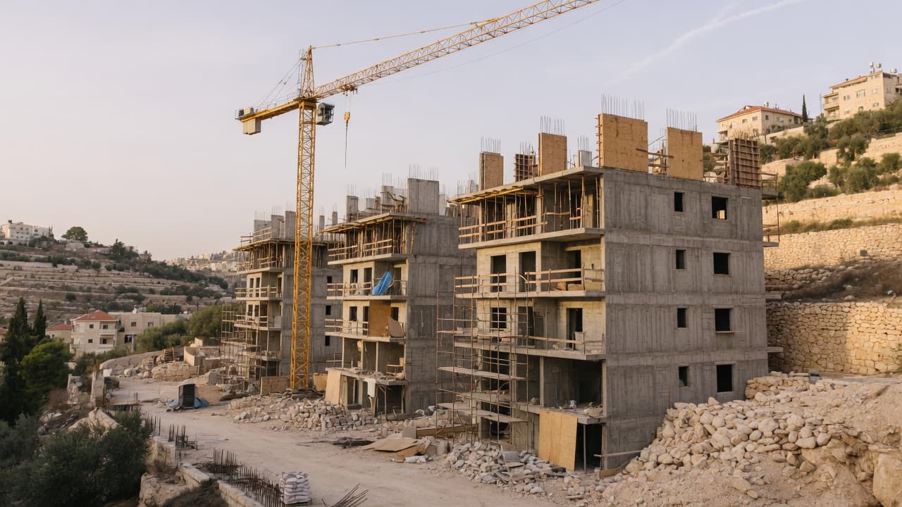 שלד בטון של מגדל מגורים בירושלים עם מנוף, בלי אנשים ובלי מספרים (בעזרת AI)