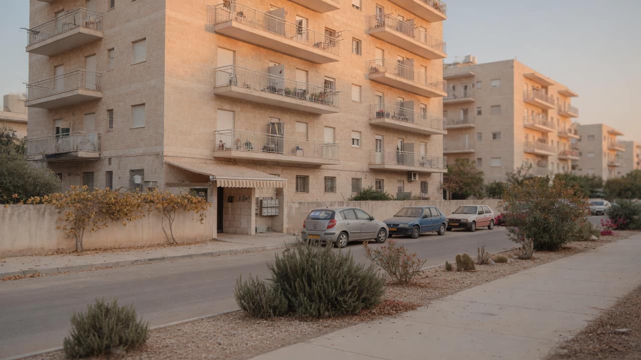 בניין מגורים שקט בדרום הארץ בשעת אחר צהריים, בלי אנשים ובלי מספרים (בעזרת AI)