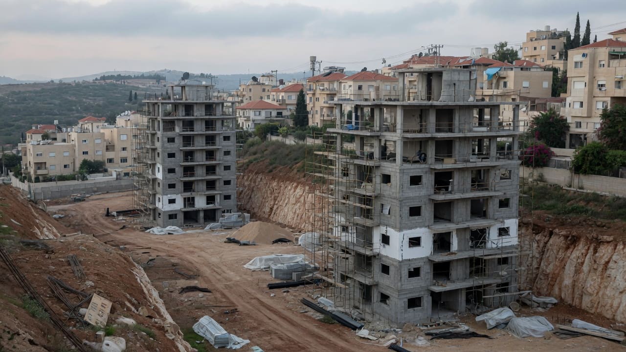 אתר בנייה ריק על גבעה עם מגדלים לא גמורים, בלי אנשים (בעזרת AI)