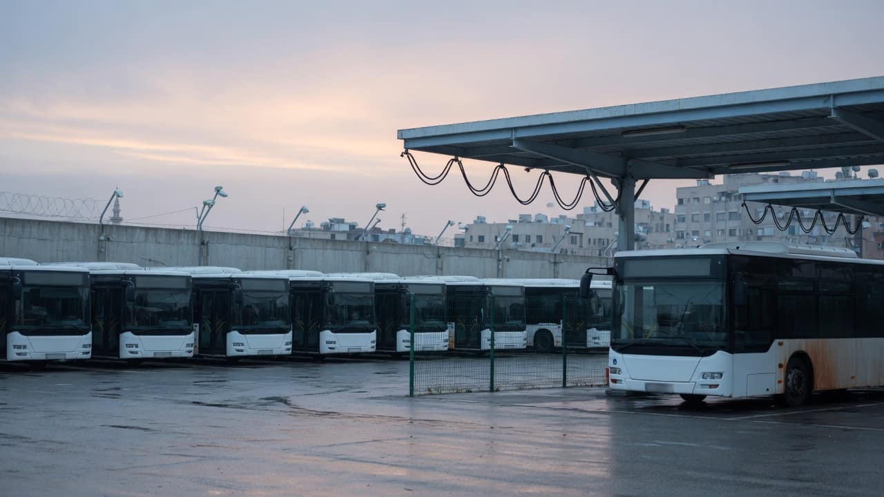 חניון אוטובוסים עירוניים ריק בבוקר, בלי אנשים (בעזרת AI)