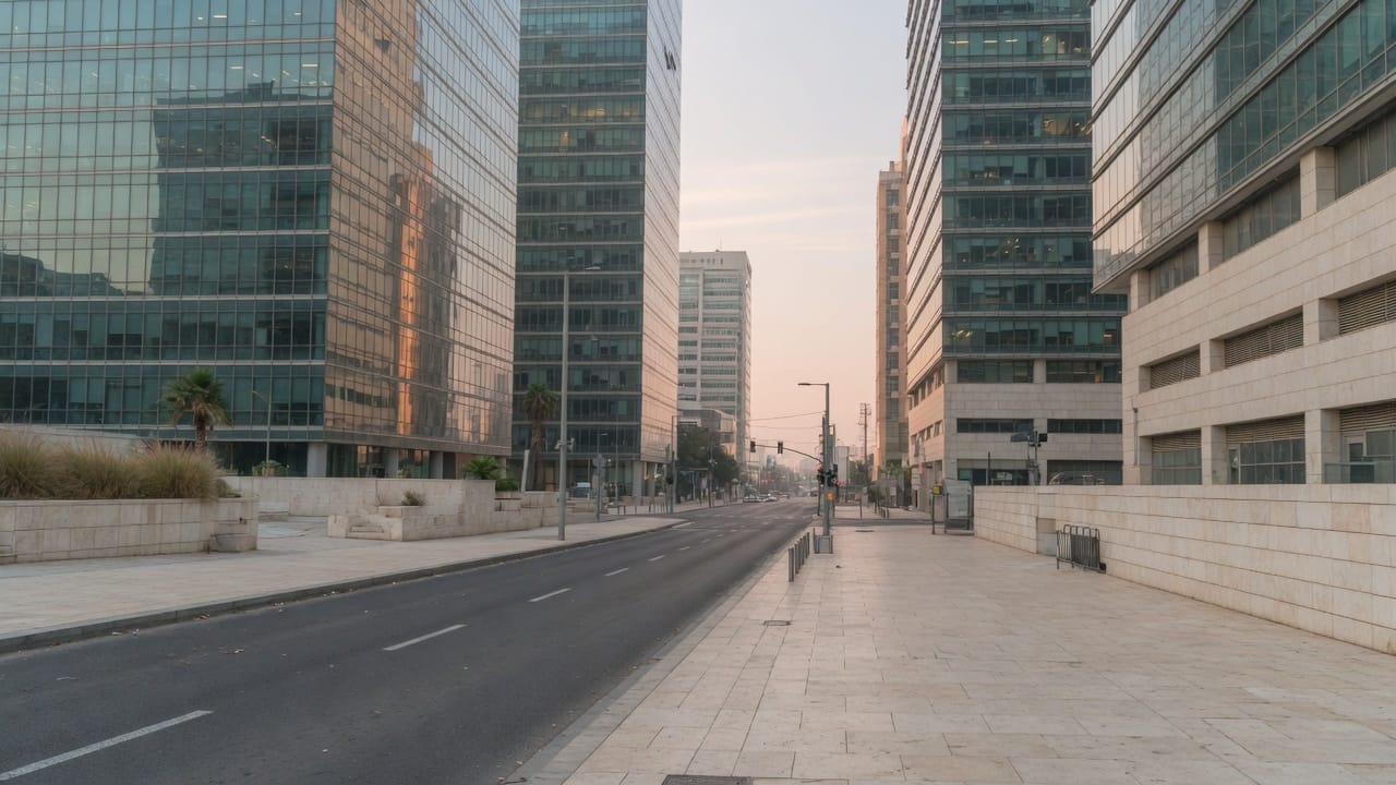 רחוב פיננסי ריק בתל אביב באור בוקר, בלי אנשים ובלי מספרים על שלט (בעזרת AI)