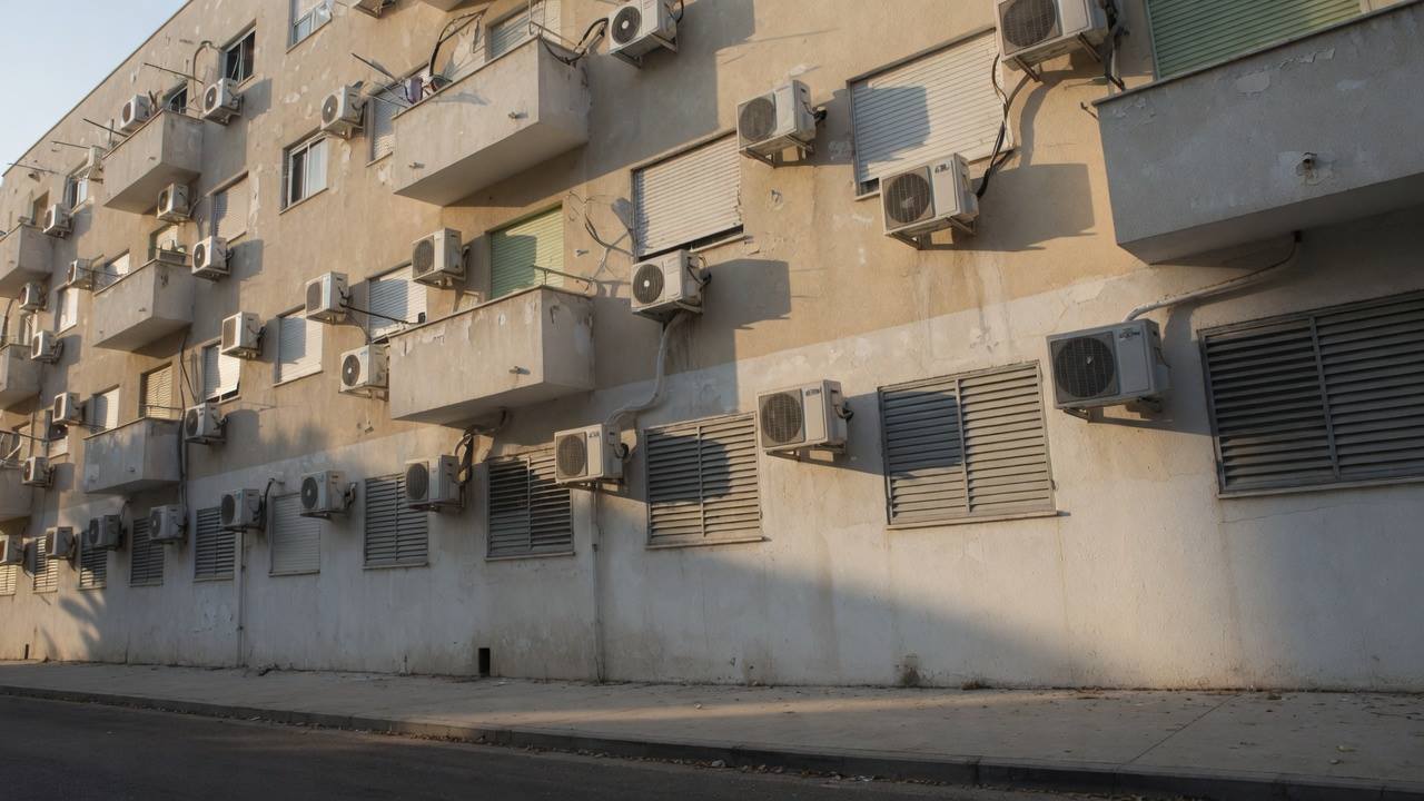 יחידות מזגן על קיר בניין מגורים ישראלי בצהריים חמים, בלי אנשים ובלי מספרים (בעזרת AI)