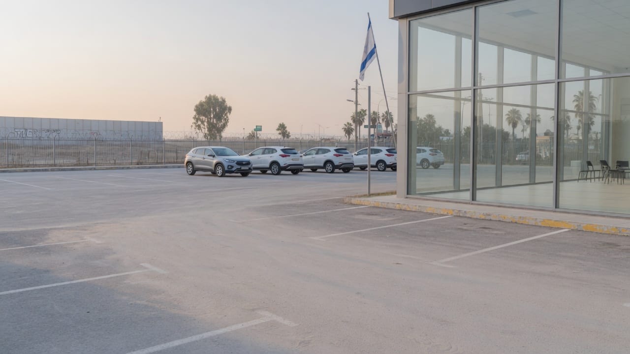 חניון רכבים ריק ליד אולם תצוגה, בלי אנשים ובלי לוגו על השלט (בעזרת AI)
