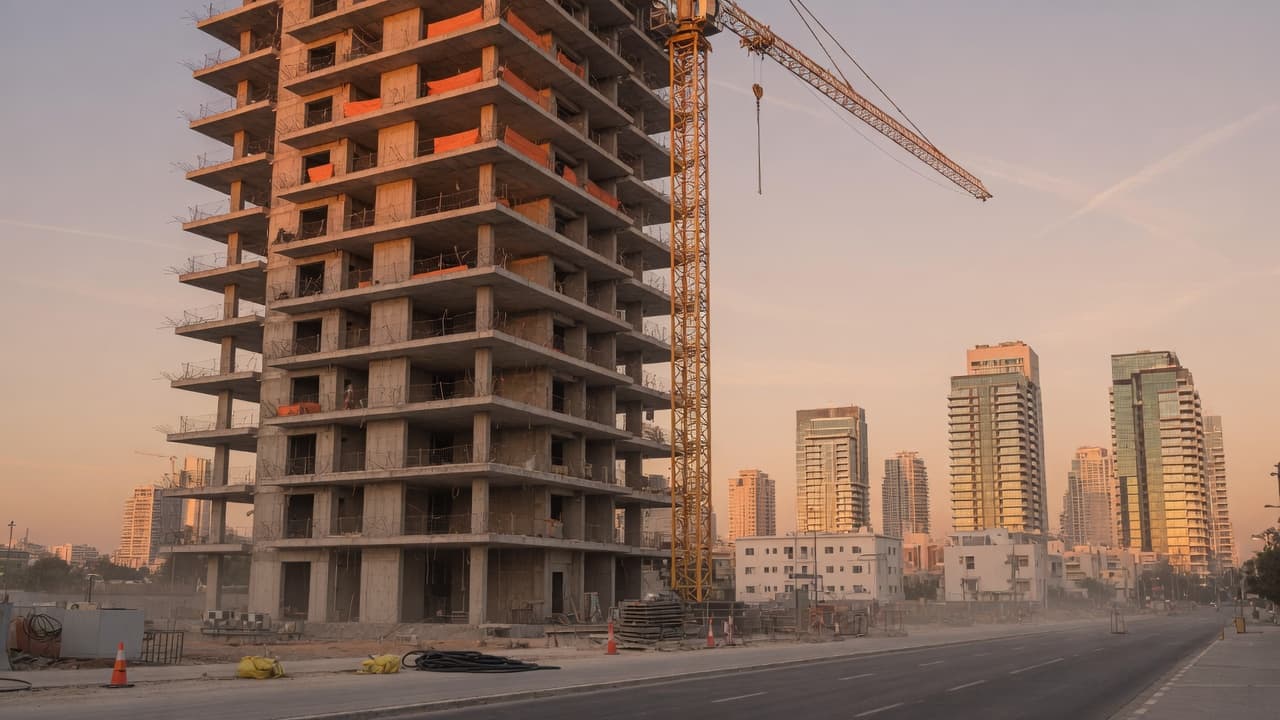 מגדל מגורים בבנייה עם עגורן, בלי אנשים (בעזרת AI)