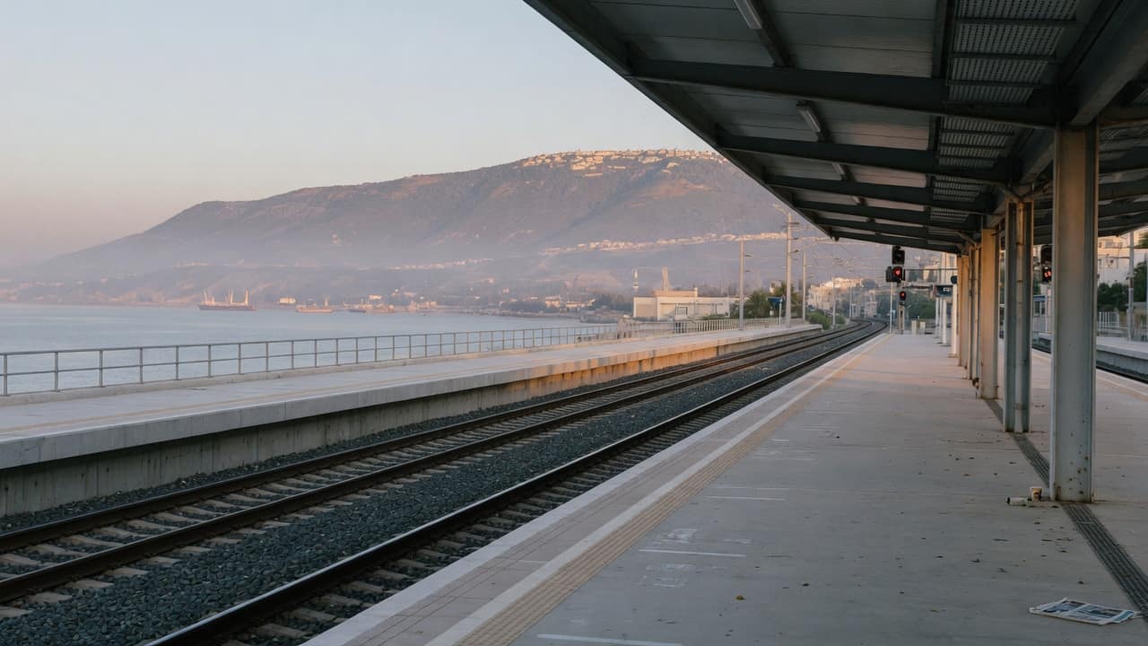 רציף רכבת ריק בבוקר, בלי אנשים (בעזרת AI)