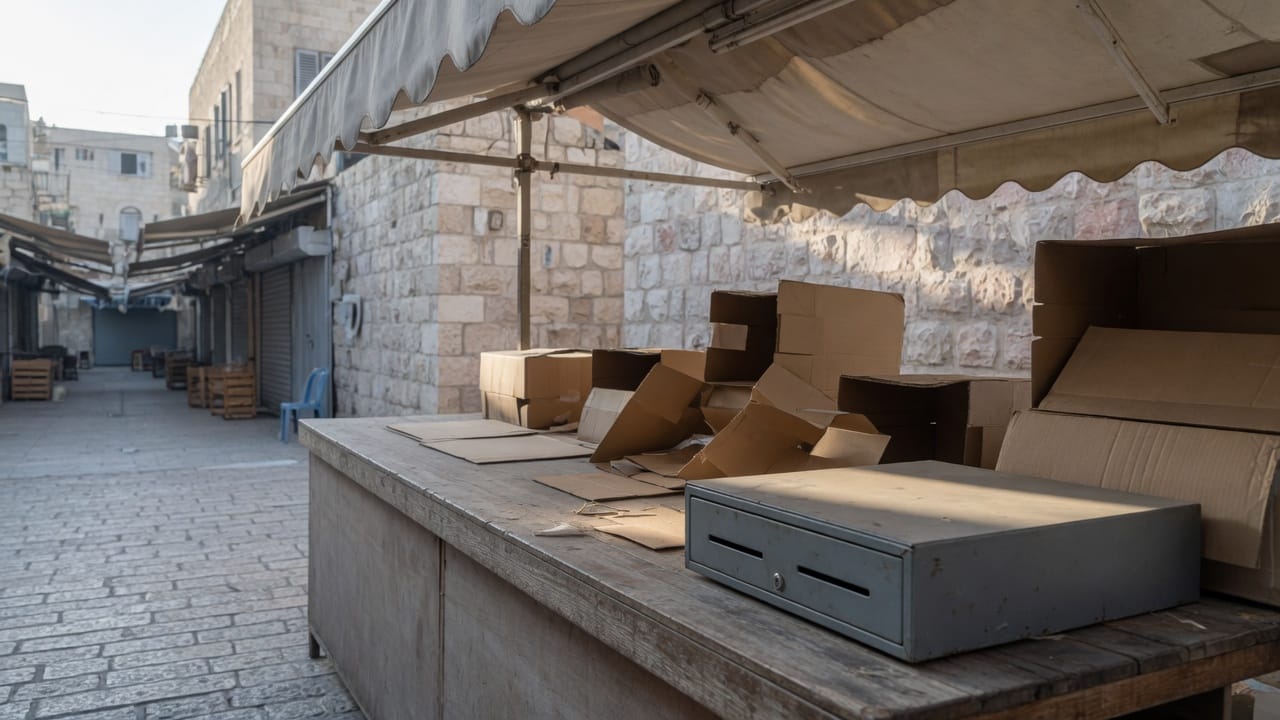 קופה ריקה בדוכן שוק ישראלי, אור בוקר, בלי אנשים ובלי מספרים (בעזרת AI)