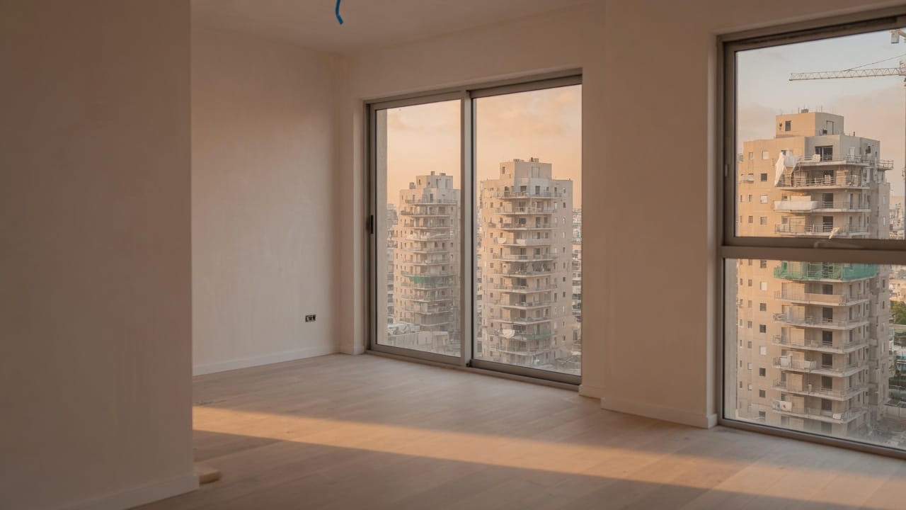 דירת ראווה ריקה במגדל חדש, אור אחר הצהריים, בלי אנשים ובלי מספרים (בעזרת AI)