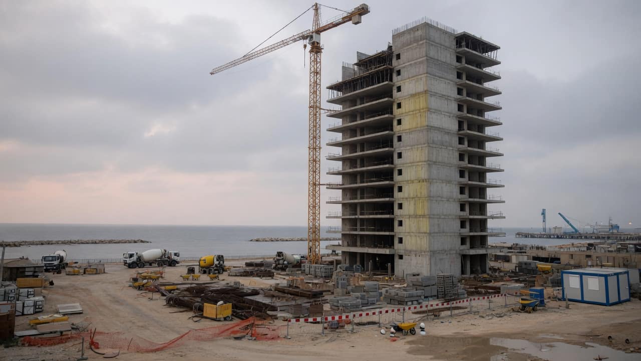 אתר בנייה ריק עם מגדל לא גמור מול חוף, בלי אנשים (בעזרת AI)