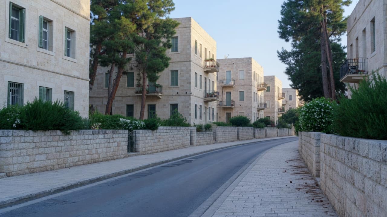 רחוב אבן ירושלמי ברחביה, אור בוקר, בלי אנשים ובלי שלטים (בעזרת AI)