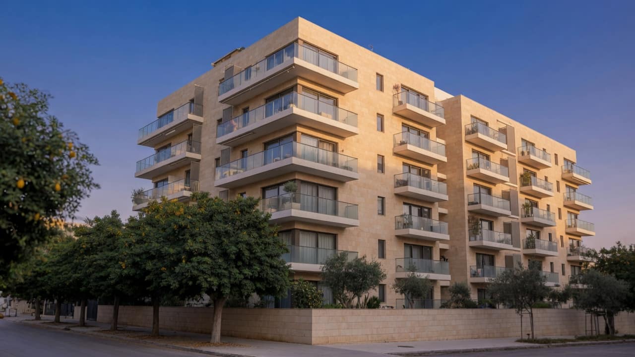 חזית בניין מגורים בתל אביב באור אחר הצהריים, בלי אנשים ובלי מספרים (בעזרת AI)
