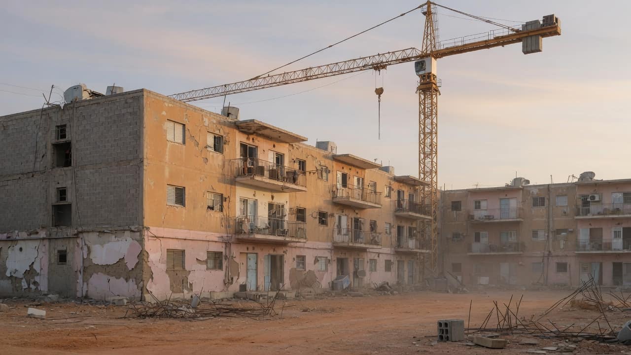 מנוף מעל בניין רכבת ישן בעיר, אור בוקר, בלי אנשים ובלי מספרים (בעזרת AI)