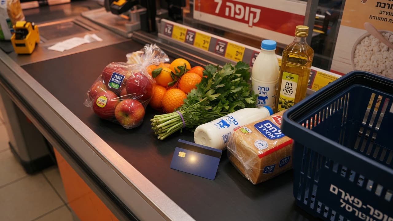 מבט באלכסון מלמעלה על מסוע קופה עם פירות, לחם וכרטיס אשראי הפוך, בלי אנשים ובלי מספרים (בעזרת AI)