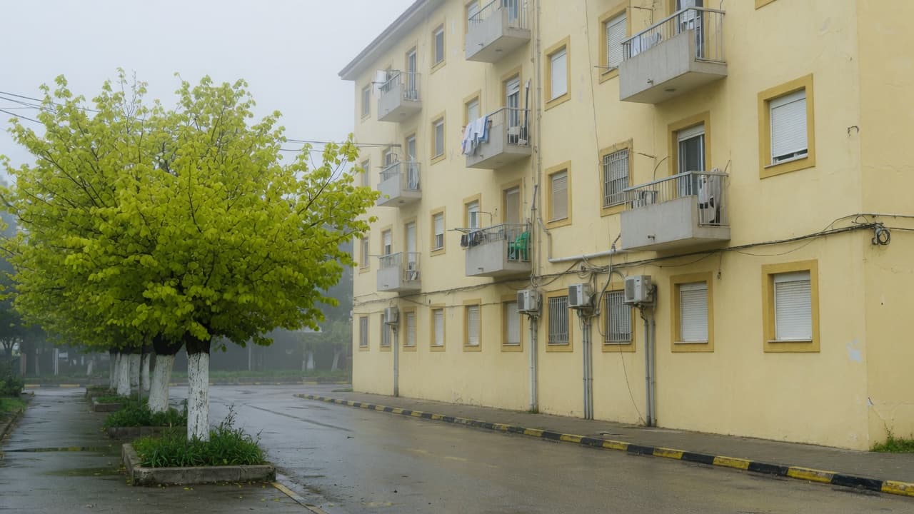 חזית בניין מגורים בערפל בוקר ירוק-ליים (בעזרת AI)