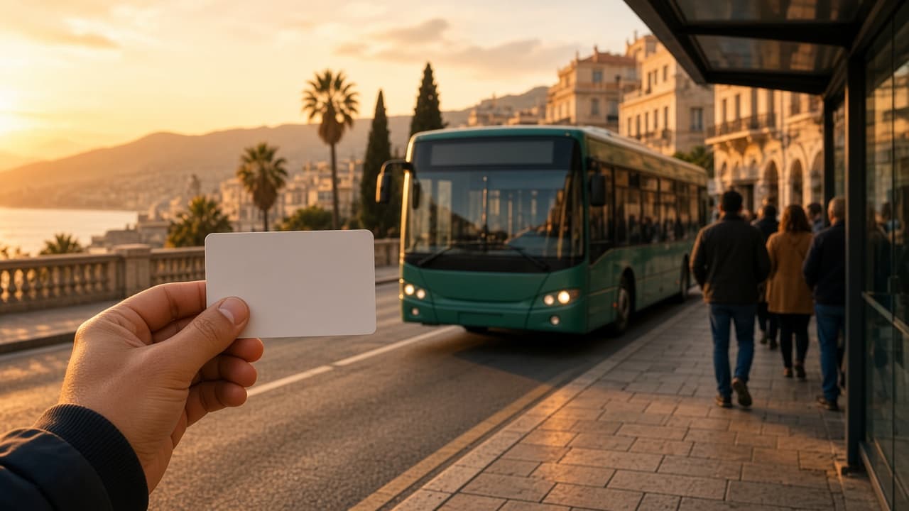 יד מחזיקה כרטיס נסיעה ליד אוטובוס עירוני ירוק בתחנה בשעת שקיעה (בעזרת AI)